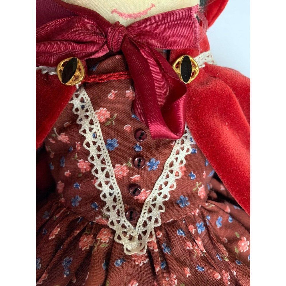 Hand Made Vintage Soft Body Rag Doll 17” Fabric Victorian Petticoat Velvet Red - Picture 5 of 12